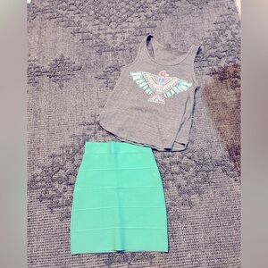 Gray Tank Top with Teal Skirt Set Summer BCBGMAXAZRIA Skirt Set
